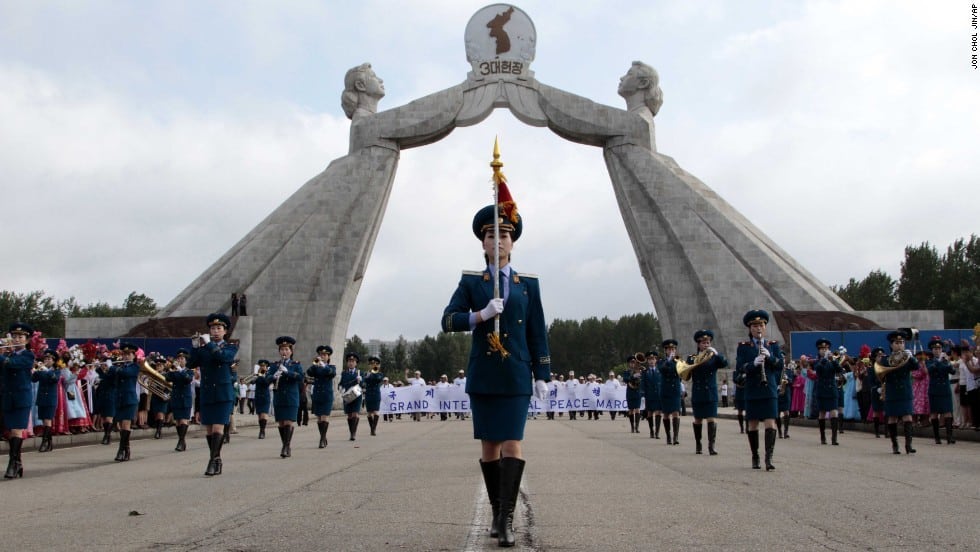 The North Korean military band leads an international peace march